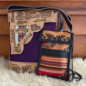 Set/2 Bolivia Bag/Passport Case Purple Suede Tan Leather Textile New